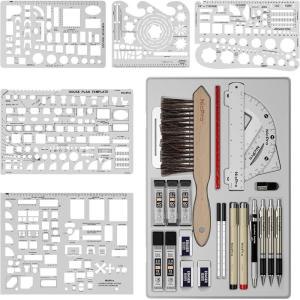 image:imageNicpro 30PCS Professional Drafting Tools amp Geometry Set with Case Architect Protractor Set Metal Mechanical Pencils Pen Scale Ruler Metal Ruler 5 Drawing Templates for Interior Design House Plan30 PCS