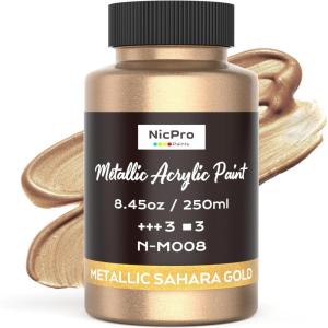 image:imageNicpro Metallic Brass Acrylic Paint 845oz250ml Large Brass Leaf Paint Non Toxic Non Fading Craft Paints for Metal Wood Clay Fabric Canvas Furniture Handcrafts Art SuppliesSahara Gold