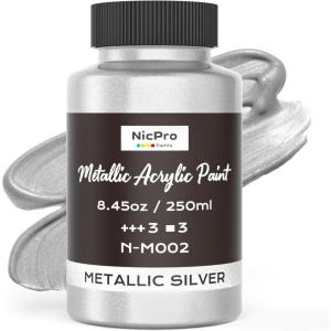 image:imageNicpro Metallic Brass Acrylic Paint 845oz250ml Large Brass Leaf Paint Non Toxic Non Fading Craft Paints for Metal Wood Clay Fabric Canvas Furniture Handcrafts Art SuppliesSilver