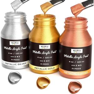 image:imageNicpro Metallic Gold Acrylic Paint 4oz120ml Gold Leaf Paint Non Toxic Non Fading Craft Paints for Metal Wood Clay Fabric Canvas Furniture Handcrafts Art SuppliesGold  Silver  Copper