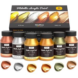 image:imageNicpro Metallic Gold Acrylic Paint 4oz120ml Gold Leaf Paint Non Toxic Non Fading Craft Paints for Metal Wood Clay Fabric Canvas Furniture Handcrafts Art SuppliesGold  Silver  Copper  Brass  Bronze  Deep Gold
