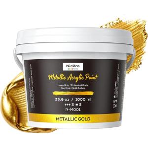 image:imageNicpro Metallic Gold Acrylic Paint 845oz250ml Large Heavy Body Gold Leaf Paint Non Toxic Non Fading Craft Paints for Metal Wood Clay Fabric Canvas Furniture Handcrafts Decor Art SuppliesGoldlarge