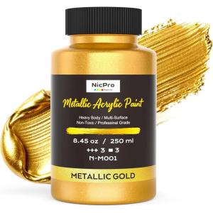 image:imageNicpro Metallic Gold Acrylic Paint 845oz250ml Large Heavy Body Gold Leaf Paint Non Toxic Non Fading Craft Paints for Metal Wood Clay Fabric Canvas Furniture Handcrafts Decor Art SuppliesGoldsmall