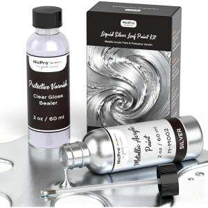 image:imageNicpro Metallic Silver Acrylic Paint Kit  2oz Silver Paint amp2oz High Gloss Clear Varnish Total 4oz120ml NonToxic NonFading Art Craft Paints for Canvas Wood Clay DIY Decor Model Making2 Fl Oz Pack of 2