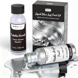 image:imageNicpro Metallic Silver Acrylic Paint Kit  2oz Silver Paint amp2oz High Gloss Clear Varnish Total 4oz120ml NonToxic NonFading Art Craft Paints for Canvas Wood Clay DIY Decor Model Making1 Fl Oz Pack of 2