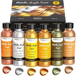 image:imageNicpro Silver Leaf Paint  2oz60ml Metallic Silver Acrylic Paint WaterBased Non Toxic Non Fading Touch Up Paints for Crafts Metal Wood Clay Fabric Canvas Furniture Handcrafts Art Supplies6 Metallic Colors