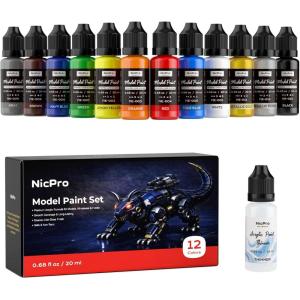 image:imageNicpro 10 Colors Metallic Model Paint Set 20ml Ready to Use Modeling Acrylic Paints Brush amp Airbrush Compatible Miniature Paint Set for Beginner amp Pro on Model Scale Figure Crafts with 1 ThinnerEnamelLike Gloss