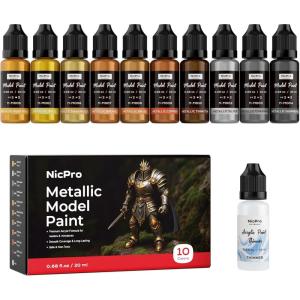 image:imageNicpro 10 Colors Metallic Model Paint Set 20ml Ready to Use Modeling Acrylic Paints Brush amp Airbrush Compatible Miniature Paint Set for Beginner amp Pro on Model Scale Figure Crafts with 1 ThinnerMetallic
