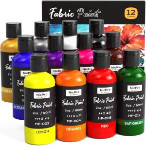 image:imageNicpro 12 Colors Fabric Paint 2 oz 60 ml Fabric Paint for Clothes Permanent Rich Pigment NonToxic Clothing Paint for DIY Tshirts Jeans Crafts Refresh Furniture Upholstery12 Colors