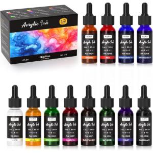 image:imageNicpro 18 Colors Acrylic Ink 1oz30ml Bottle with Dropper Quick Dry Permanent Acrylic Drawing Inks for Artist Essential Color Set for Ink Drawing Pouring Art Airbrush Resin Mixed Media12 Colors
