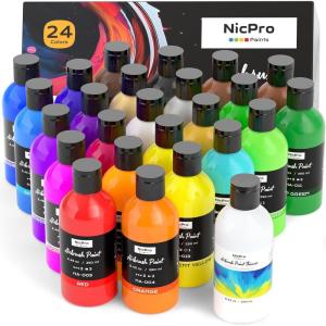 image:imageNicpro 24 Colors Airbrush Paint 845 oz 250 ml with 1 Thinner Large Bulk Ready to Spray Airbrush Paint Set Opaque WaterBased Acrylic Air brush Paints for Model Metal Plastic Wood Canvas845 Fl Oz Pack of 25