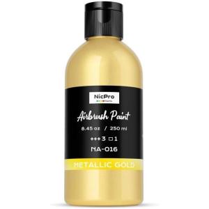 image:imageNicpro Black Large Airbrush Paint 845 oz 250 ml Ready to Spray Opaque WaterBased Acrylic Air Brush Paints for Model Wood Canvas Metal Plastic Leather for Beginners amp ArtistsMetallic Gold