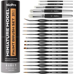 image:imageNicpro 24 PCS Miniature Paint Brushes Fine Tip Micro Model Detail Paint Brush Set for Acrylic Watercolor Oil Paint by Number Models Miniatures Craft Rock Painting  with Container21 Pack DetailDrybrush