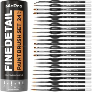 image:imageNicpro 24 PCS Miniature Paint Brushes Fine Tip Micro Model Detail Paint Brush Set for Acrylic Watercolor Oil Paint by Number Models Miniatures Craft Rock Painting  with Container24 Pack Detail