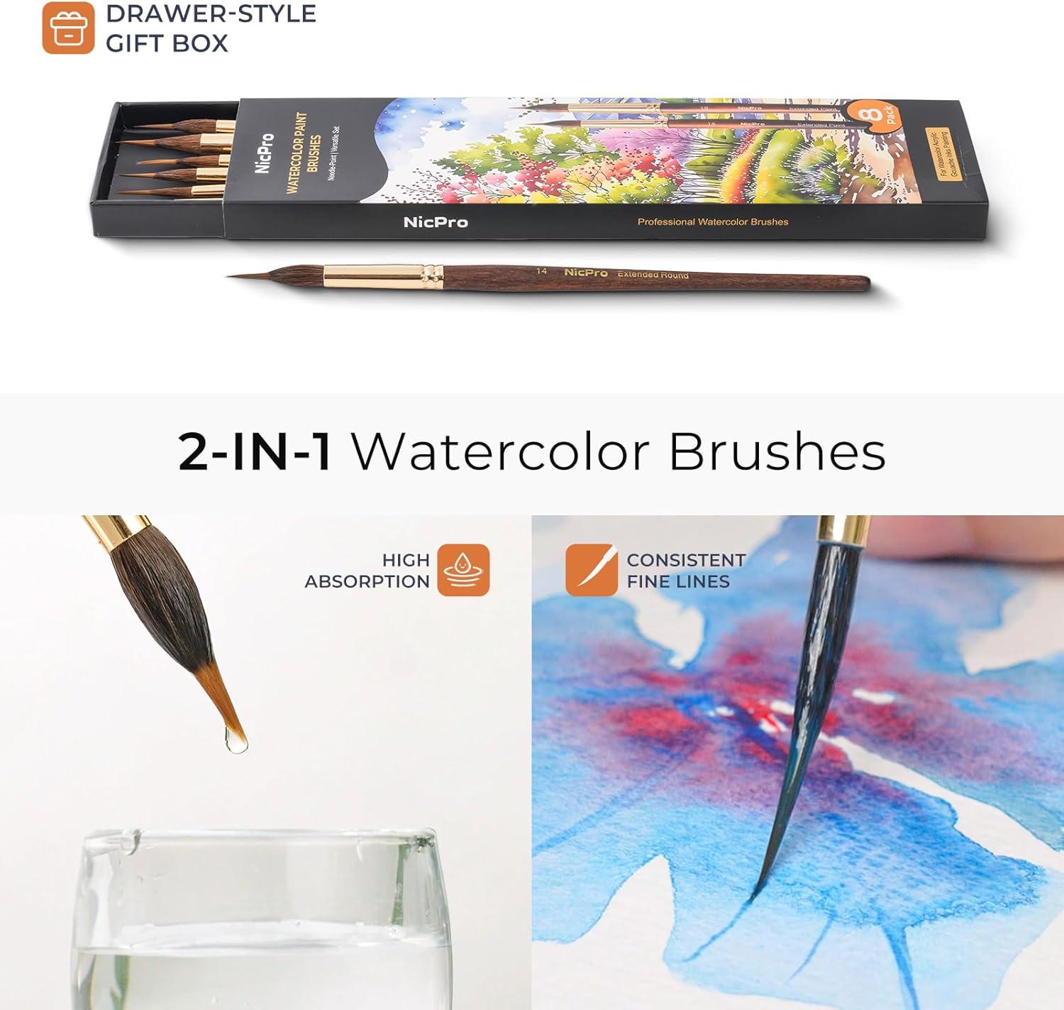image:imageNicpro 8 PCS Professional Watercolor Brushes Extended Needle Point Brush Set Sable Watercolor Brushes with Synthetic Extra Long Tip for Fine Detailing  Watercolor Acrylic Gouache Inks Painting8 PCS
