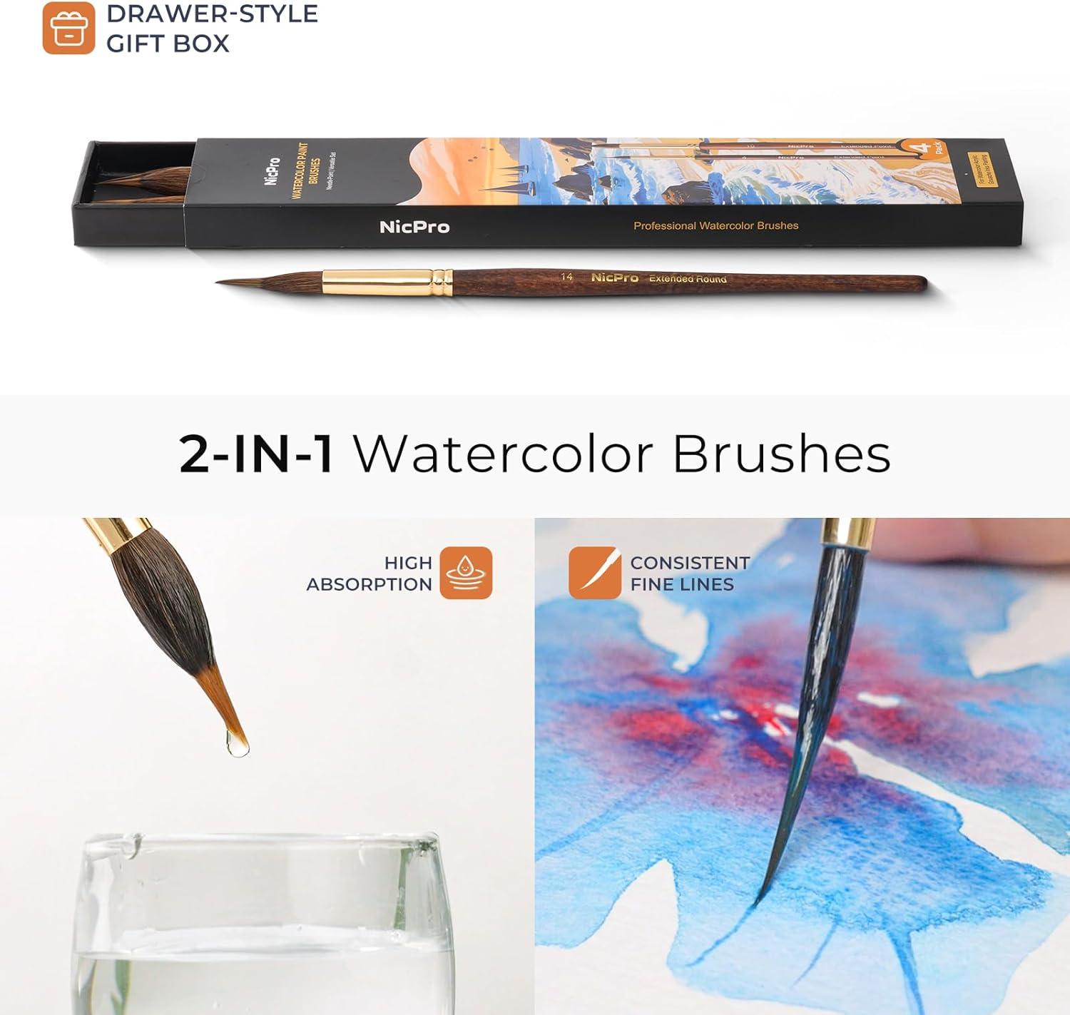 image:imageNicpro 8 PCS Professional Watercolor Brushes Extended Needle Point Brush Set Sable Watercolor Brushes with Synthetic Extra Long Tip for Fine Detailing  Watercolor Acrylic Gouache Inks Painting4 PCS