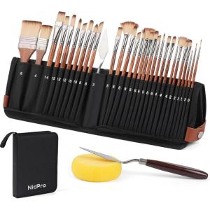 image:imageNicpro 30pcs Paint Brush Set Professional Paintbrushes with Paint Spatula amp SelfStanding Case Craft Paint Brushes for Acrylic Painting Oil Watercolor Gouache Art Supplies for Artists Beginners