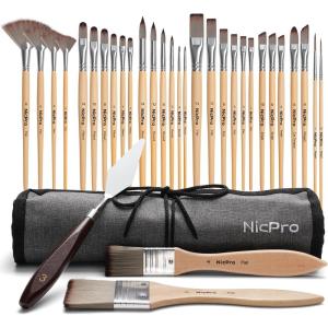image:imageNicpro 32pcs Paint Brush Set Professional Paintbrushes with Paint Spatula and Cloth Roll Case Craft Paint Brushes for Acrylic Painting Oil Watercolor Gouache Art Supplies for Artists BeginnersBeige