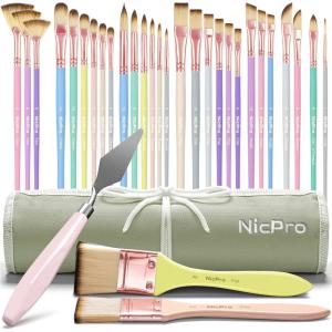 image:imageNicpro 32pcs Paint Brush Set Professional Paintbrushes with Paint Spatula and Cloth Roll Case Craft Paint Brushes for Acrylic Painting Oil Watercolor Gouache Art Supplies for Artists BeginnersPastel