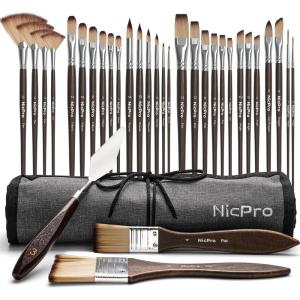 image:imageNicpro 32pcs Paint Brush Set Professional Paintbrushes with Paint Spatula and Cloth Roll Case Craft Paint Brushes for Acrylic Painting Oil Watercolor Gouache Art Supplies for Artists BeginnersBrown