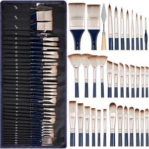 image:imageNicpro 36 PCS Paint Brush Set 9 Brush Types Professional Acrylic Paint Brushes with Cloth Roll and Gift Box Suitable for Acrylic Painting Oil Watercolor Gouache Art Supplies for Artist BeginnerBlue