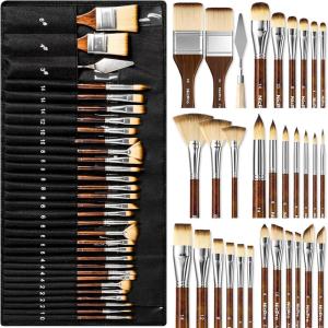 image:imageNicpro 36 PCS Paint Brush Set 9 Brush Types Professional Acrylic Paint Brushes with Cloth Roll and Gift Box Suitable for Acrylic Painting Oil Watercolor Gouache Art Supplies for Artist BeginnerWood