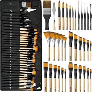 image:imageNicpro 36pcs Paint Brush Set Professional Paintbrushes with Palette Knife and Cloth Roll Suitable for Acrylic Painting Oil Watercolor Gouache Art Supplies for Artists amp Beginners Wooden ColorWooden