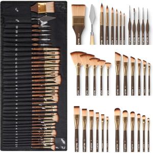 image:imageNicpro 36pcs Paint Brush Set Professional Paintbrushes with Palette Knife and Cloth Roll Suitable for Acrylic Painting Oil Watercolor Gouache Art Supplies for Artists amp Beginners Wooden ColorGold