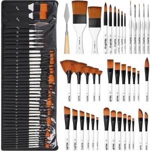 image:imageNicpro 40 PCS Paint Brush Set Professional Acrylic Paint Brushes with Palette Knife and Canvas Roll Suitable for Acrylic Painting Oil Watercolor Gouache Art Supplies Painter Gifts for ArtistWhite