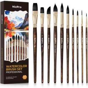 image:imageNicpro Professional Watercolor Brushes Set 10PCS Synthetic Squirrel Hair Paint Brushes  Pointed Round Flat Dagger Cats Tongue for Watercolor Gouache Ink Painting  for Artists amp Beginners