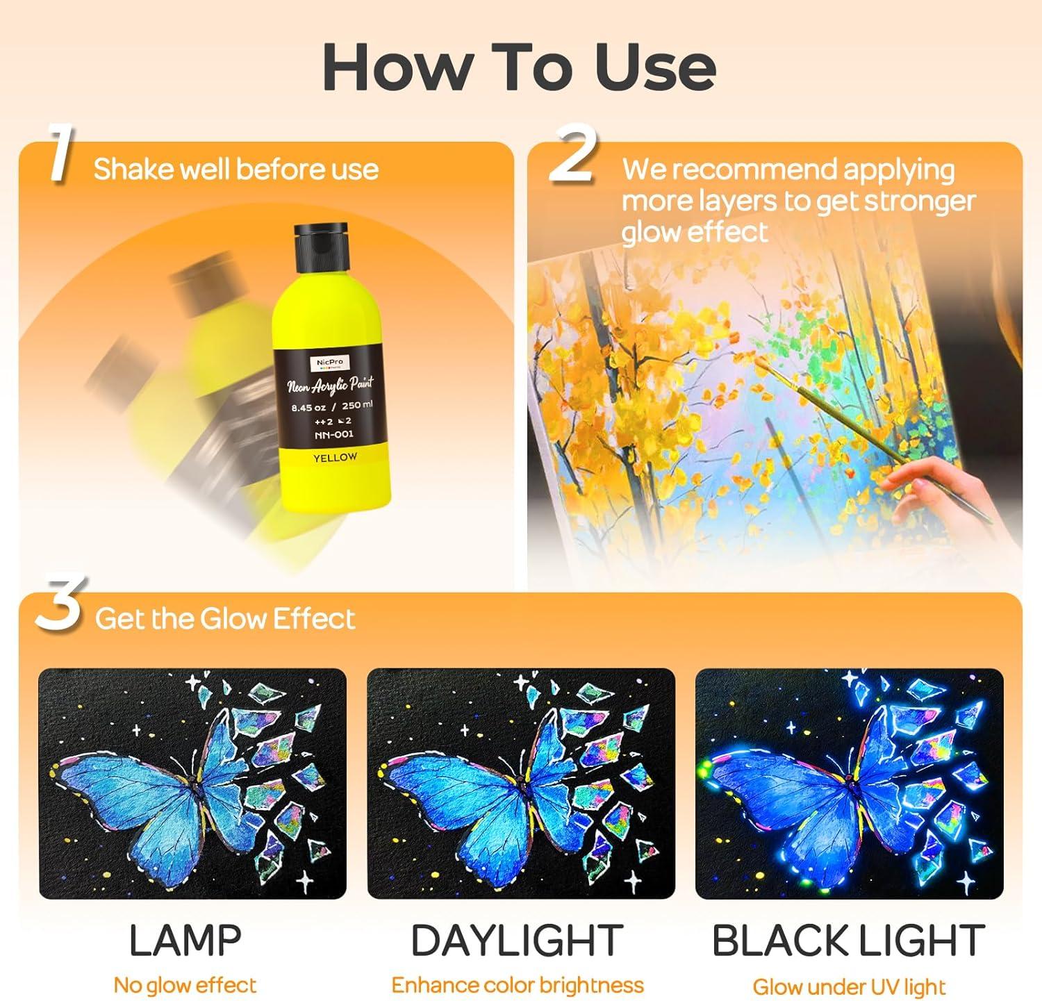 image:imageNicpro 6 Colors Fluorescent Acrylic Paint Set 845 oz Glow in the Black Light NonToxic amp Vibrant Neon Paint for Neon Party Decoration DIY Project on MultiSurface Canvas Rock Wood Craft845 Fl Oz Pack of 6
