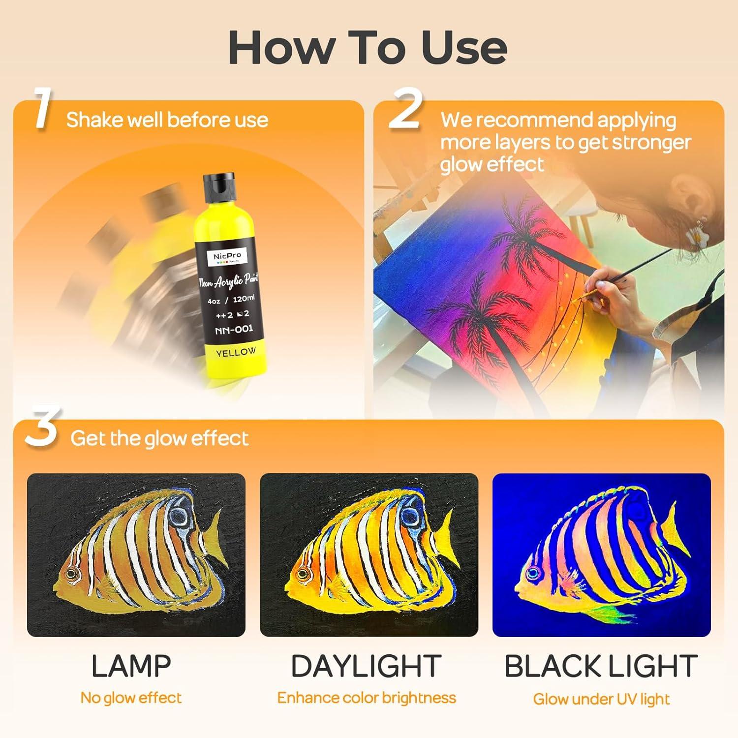 image:imageNicpro 6 Colors Fluorescent Acrylic Paint Set 845 oz Glow in the Black Light NonToxic amp Vibrant Neon Paint for Neon Party Decoration DIY Project on MultiSurface Canvas Rock Wood Craft4 Fl Oz Pack of 6