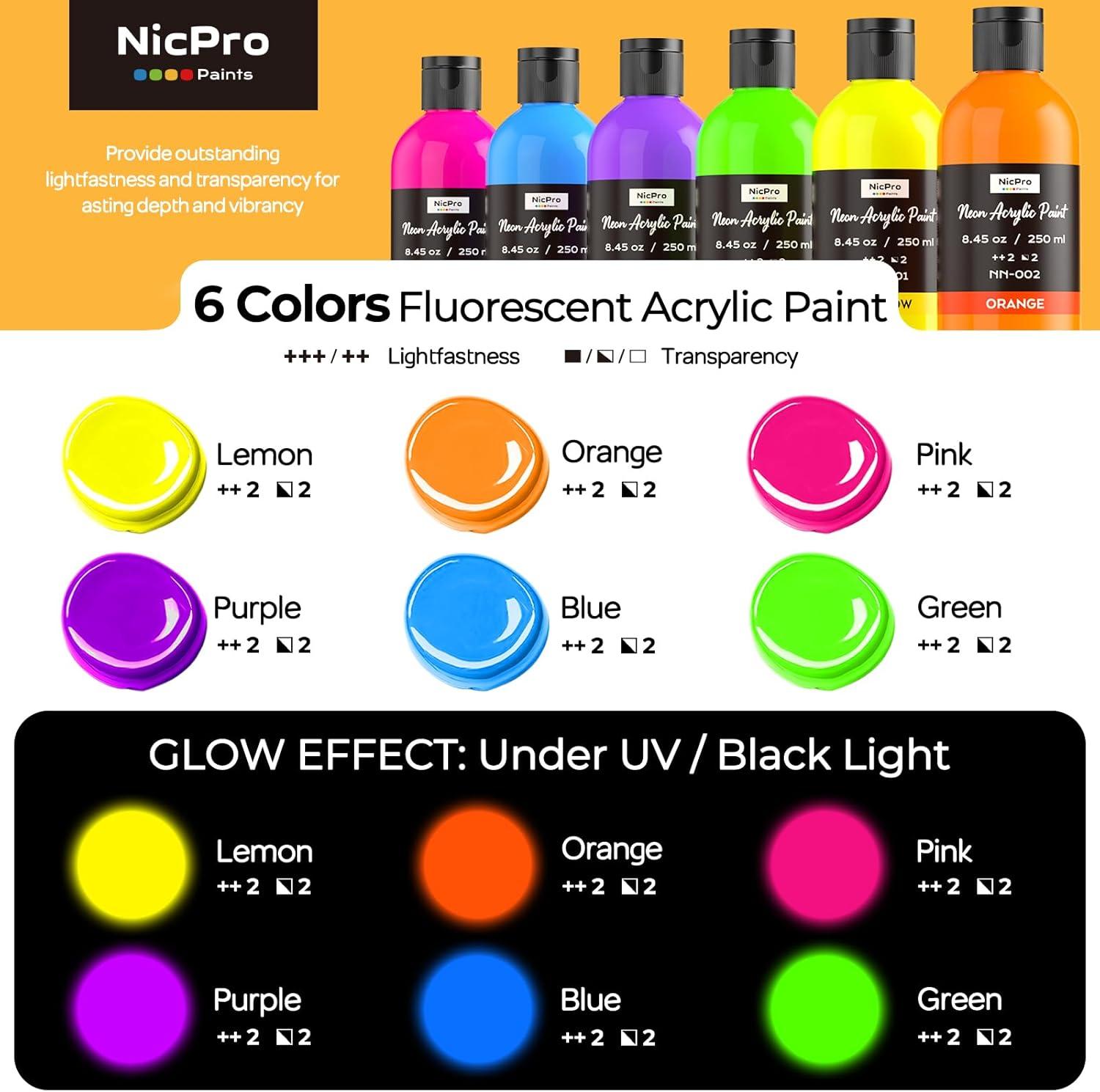 image:imageNicpro 6 Colors Fluorescent Acrylic Paint Set 845 oz Glow in the Black Light NonToxic amp Vibrant Neon Paint for Neon Party Decoration DIY Project on MultiSurface Canvas Rock Wood Craft845 Fl Oz Pack of 6