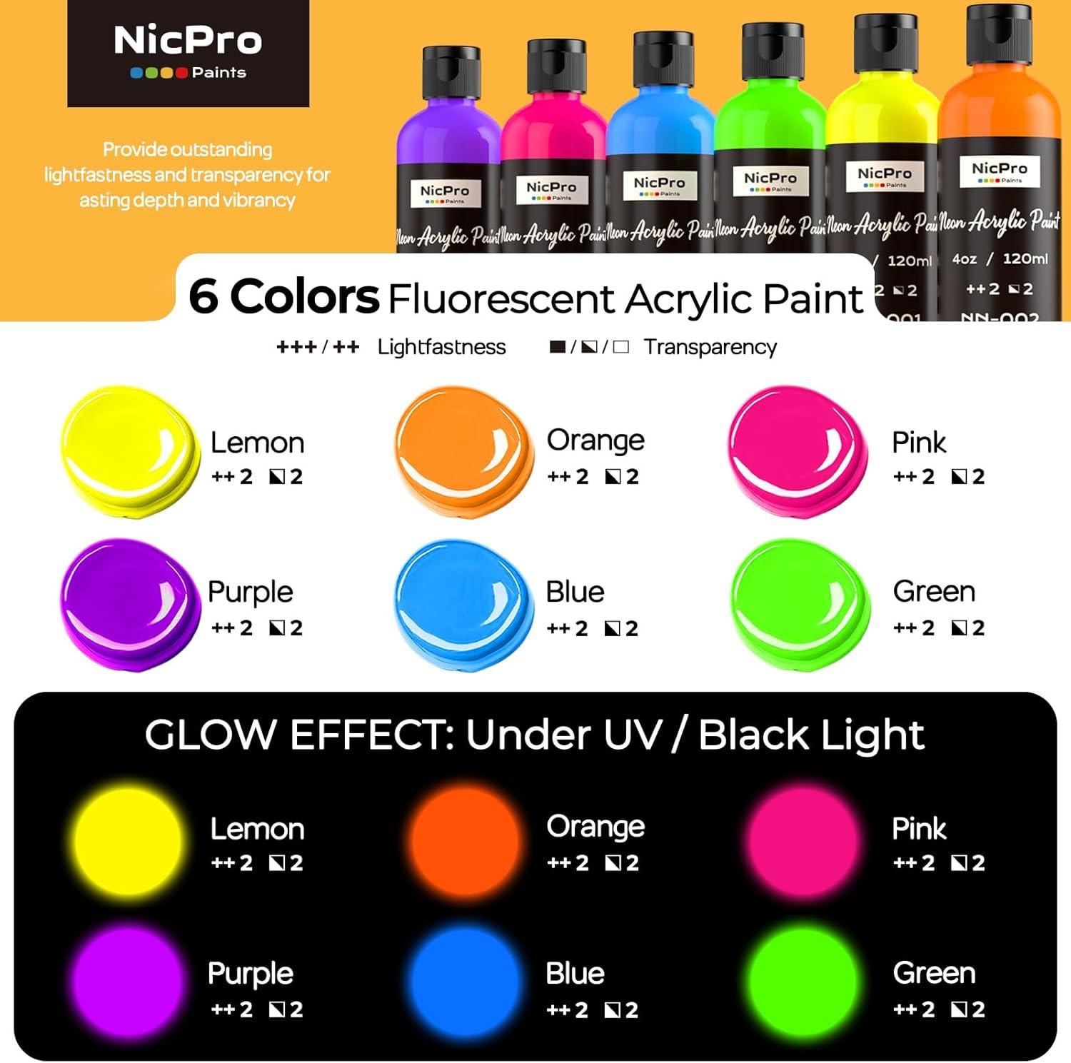 image:imageNicpro 6 Colors Fluorescent Acrylic Paint Set 845 oz Glow in the Black Light NonToxic amp Vibrant Neon Paint for Neon Party Decoration DIY Project on MultiSurface Canvas Rock Wood Craft4 Fl Oz Pack of 6