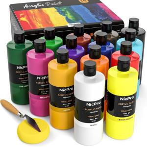 image:imageNicpro 12 Colors Large Bulk Acrylic Paint Set 845 oz250 ml Rich Art Painting Supplies Non Toxic for Multi Surface Rock Canvas Wood Ceramic Leather Fabric Craft for Adult with Color Wheel14 Colors