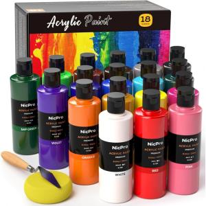 image:imageNicpro 12 Colors Large Bulk Acrylic Paint Set 845 oz250 ml Rich Art Painting Supplies Non Toxic for Multi Surface Rock Canvas Wood Ceramic Leather Fabric Craft for Adult with Color Wheel18 Colors