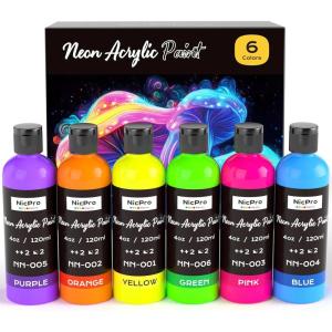 image:imageNicpro 6 Colors Fluorescent Acrylic Paint Set 845 oz Glow in the Black Light NonToxic amp Vibrant Neon Paint for Neon Party Decoration DIY Project on MultiSurface Canvas Rock Wood Craft4 Fl Oz Pack of 6
