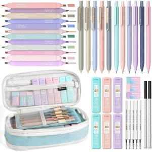 image:imageNicpro 39 PCS Aesthetic School Supplies with Cute Pink Pencil Case 12 Pastel Highlighters 5 Quick Dry Black Ink Pens 6 Mechanical Pencil 05 amp 07 mm for Girls Student Stationary College EssentialsBlue