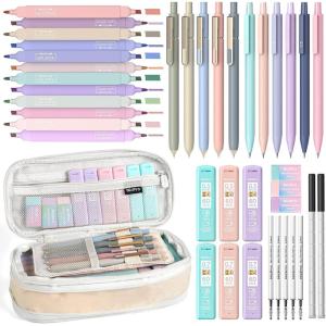 image:imageNicpro 39 PCS Aesthetic School Supplies with Cute Pink Pencil Case 12 Pastel Highlighters 5 Quick Dry Black Ink Pens 6 Mechanical Pencil 05 amp 07 mm for Girls Student Stationary College EssentialsCream