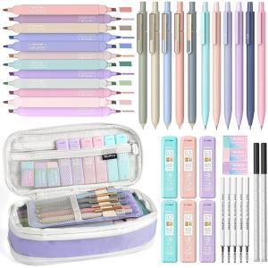 image:imageNicpro 39 PCS Aesthetic School Supplies with Cute Pink Pencil Case 12 Pastel Highlighters 5 Quick Dry Black Ink Pens 6 Mechanical Pencil 05 amp 07 mm for Girls Student Stationary College EssentialsPurple