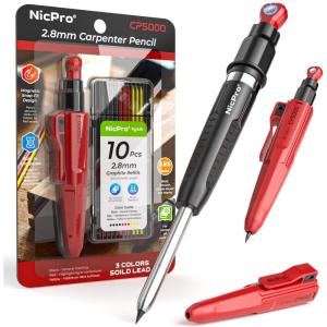 image:imageNicpro 7in1 CP5000 Magnetic Carpenter Pencils with Sharpener 28mm Construction Mechanical Pencil10 Refill Deep Hole Marker for Construction Woodworking Pencil Carpenter Tools for MarkingRed