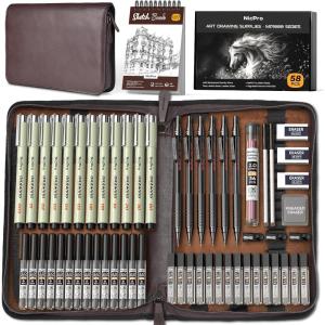 image:imageNicpro 58PCS Art Drawing Supplies Kit in Leather Case MP1000 Black Metal Mechanical Pencil Set with Drafting Pencil 05 07 09 amp 2mm 12 Micron Pen Sketch Book 30 Tube Lead Refills for Sketching