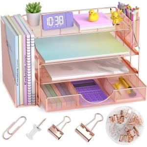 image:imageNicpro Rose Gold Desk Organizers and Accessories For Women 4Tier Paper Letter Tray Organizer with Drawer  File Holder  Pen Holder  72 Clips Set Workspace Accessories for Office Supplies