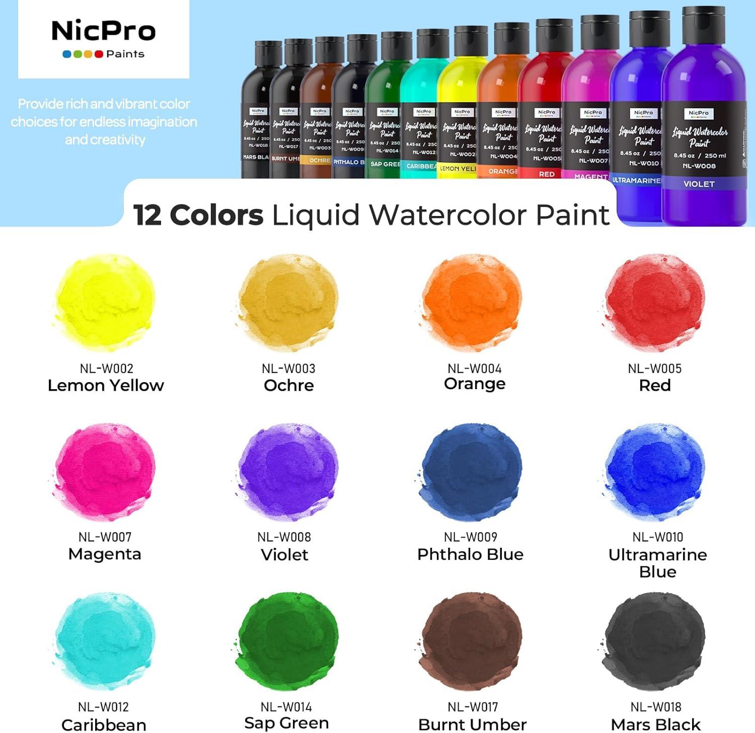 image:imageNicpro 6 Colors Liquid Watercolor Paint Set 4oz Liquid Watercolor Paint Vibrant Colors amp NonToxic Water Colors Painting Supplies for Art Activity Craft DIY Poster School Home Classroom Party12 Colors