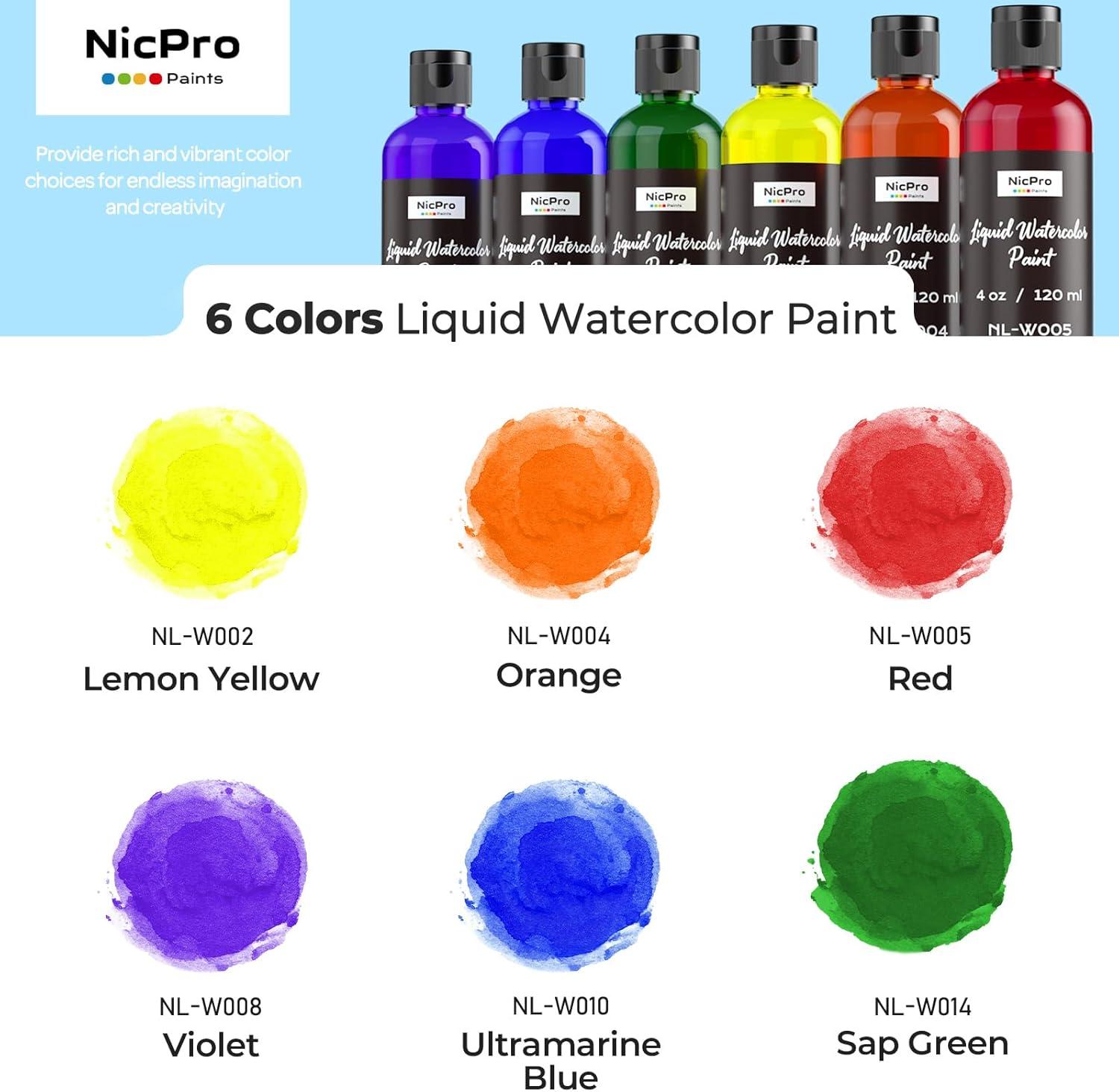 image:imageNicpro 6 Colors Liquid Watercolor Paint Set 4oz Liquid Watercolor Paint Vibrant Colors amp NonToxic Water Colors Painting Supplies for Art Activity Craft DIY Poster School Home Classroom Party6 Colors