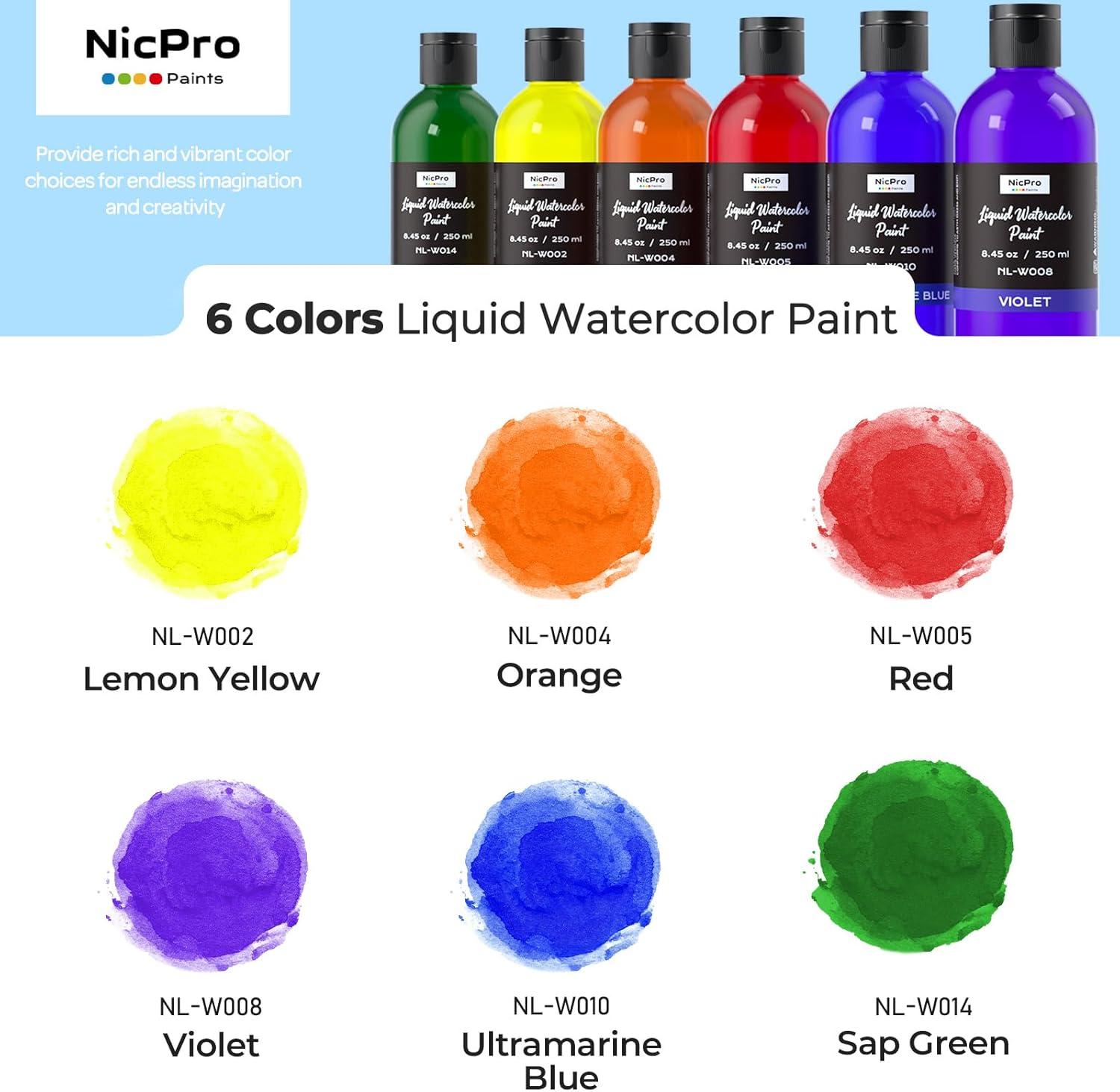 image:imageNicpro 6 Colors Liquid Watercolor Paint Set 4oz Liquid Watercolor Paint Vibrant Colors amp NonToxic Water Colors Painting Supplies for Art Activity Craft DIY Poster School Home Classroom Party6 Colors