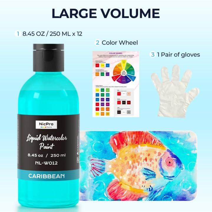 image:imageNicpro 6 Colors Liquid Watercolor Paint Set 4oz Liquid Watercolor Paint Vibrant Colors amp NonToxic Water Colors Painting Supplies for Art Activity Craft DIY Poster School Home Classroom Party12 Colors