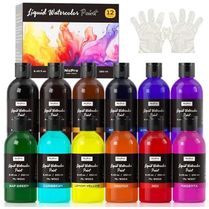 image:imageNicpro 6 Colors Liquid Watercolor Paint Set 4oz Liquid Watercolor Paint Vibrant Colors amp NonToxic Water Colors Painting Supplies for Art Activity Craft DIY Poster School Home Classroom Party12 Colors