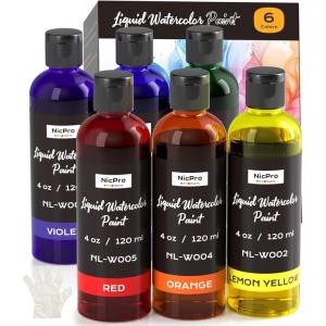image:imageNicpro 6 Colors Liquid Watercolor Paint Set 4oz Liquid Watercolor Paint Vibrant Colors amp NonToxic Water Colors Painting Supplies for Art Activity Craft DIY Poster School Home Classroom Party6 Colors