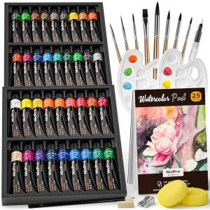 image:imageNicpro Watercolor Paint Set for Adults Beginner amp Artists 24 Tubes Water Color Paint Set with 25 Watercolor Paper 8 Squirrel Paint Brushes Palettes Color Wheel Art Painting Supplies36 Colors